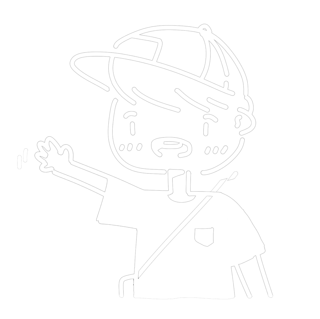 Simple white line drawing of a person in a cap waving with a slightly open mouth on a black background.