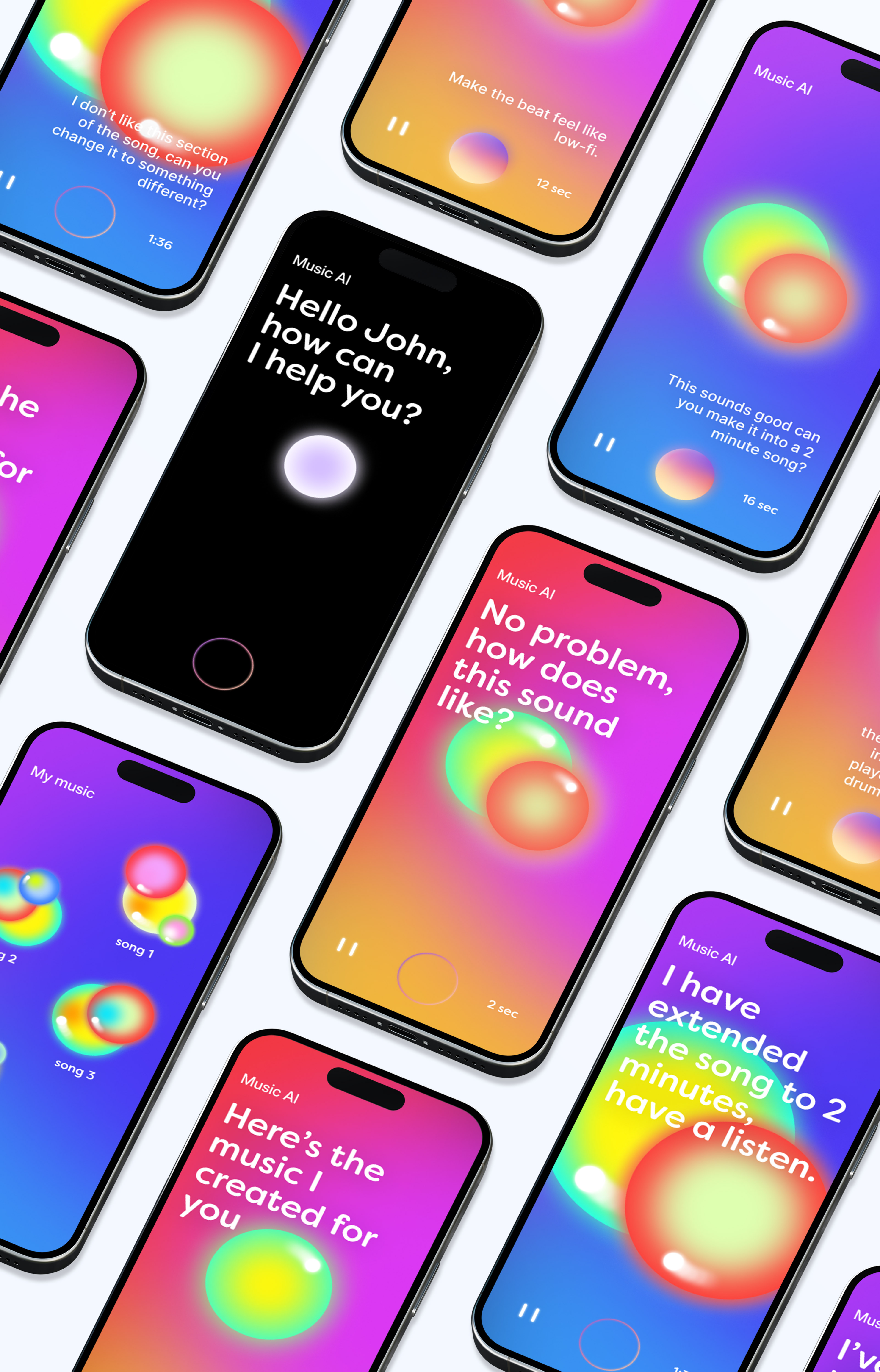 Multiple smartphones displaying a colorful Music AI app interface with conversational text about creating and editing songs.